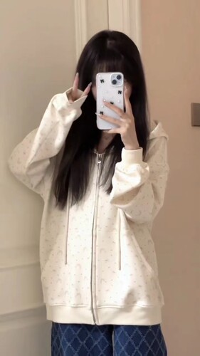 碎花连帽卫衣女春秋oversize薄款外套港味复古chic慵懒开衫上衣 - 图1