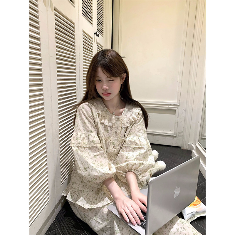 甜美碎花娃娃领蕾丝边长袖睡衣女秋冬季公主风重工宽松家居服套装,淘宝优惠券,粉丝福利购,淘宝优惠卷