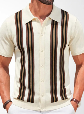 夏季男士绿色条纹修身短袖Polo衫