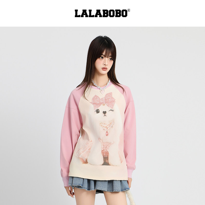 【宋继扬同款】LALABOBO25年秋新插肩袖上衣印花宽松粉色长袖T恤,淘宝优惠券,粉丝福利购,淘宝优惠卷