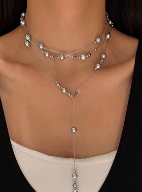 灰色满天星珍珠项链女轻奢小众高级感长款毛衣链锁骨颈链