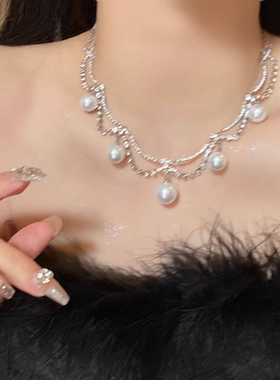 法式温柔锆石珍珠流苏双层项链女设计感晚宴礼服锁骨链甜辣公主风