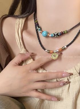 新中式异域民族风编绳项链长款抽绳小众设计感锁骨链复古狼牙吊坠