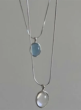 天然海蓝宝月光石项链饰品女925纯银小众轻奢ins高级感吊坠锁骨链