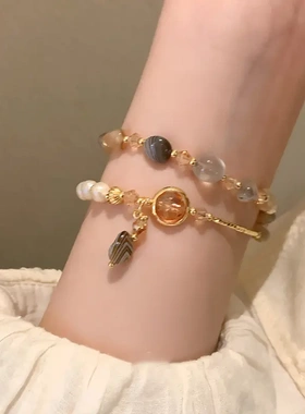 国潮气质珍珠水晶玉石双圈手链小众个性手环时尚高级感手饰女