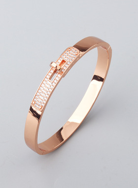 欧美时尚半钻满天星纽扣手镯气质ins镀18K玫瑰金高级感简约手环