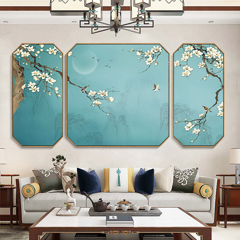 客厅装饰画新中式沙发背景墙挂画花鸟禅意字画中国风三联餐厅壁画_虎窝淘