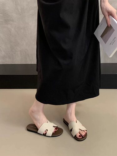 新款麻料休闲平底H字拖夏高级感海边沙滩软底拖鞋R98-9 - 图1