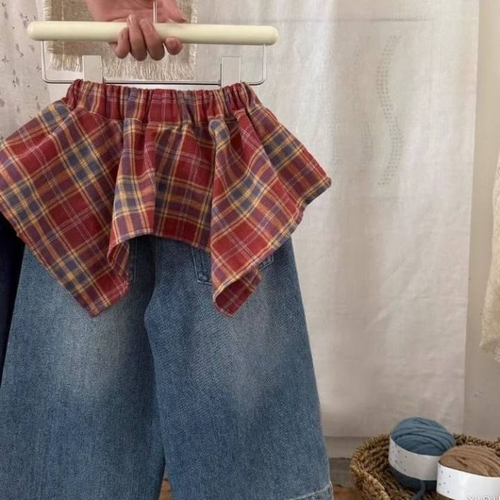 女童裤子2025新款洋气小女孩超好看复古红色格纹系带屁帘牛仔裙裤,淘宝优惠券,粉丝福利购,淘宝优惠卷