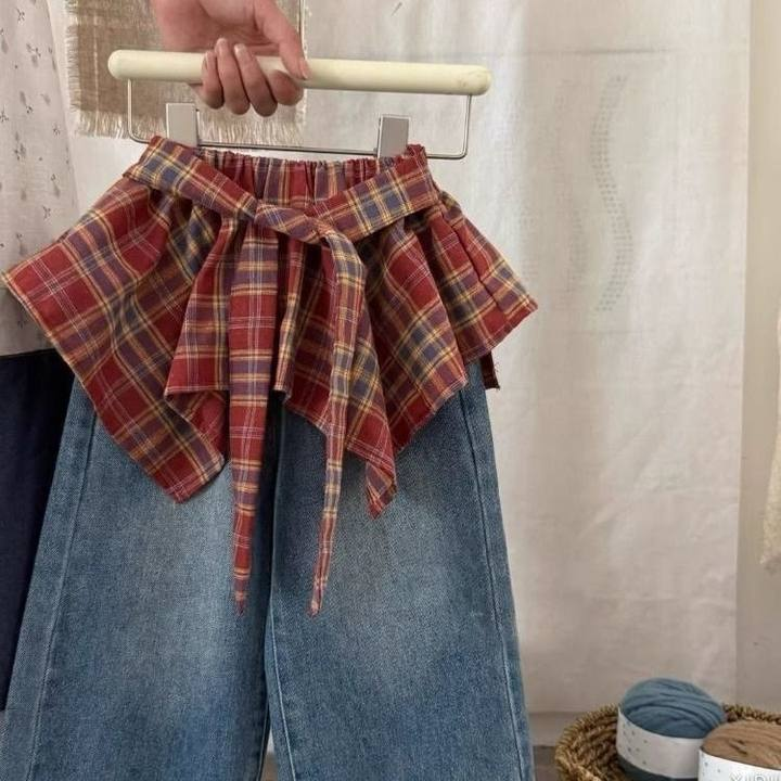 女童裤子2025新款洋气小女孩超好看复古红色格纹系带屁帘牛仔裙裤,淘宝优惠券,粉丝福利购,淘宝优惠卷