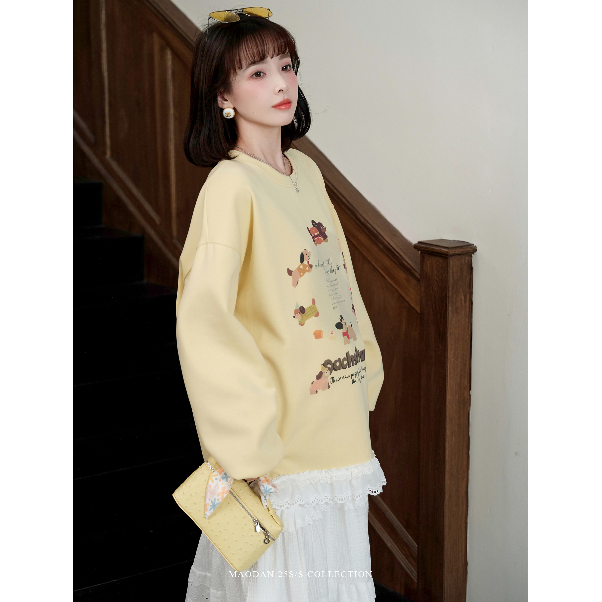 【柠檬巴克】娜娜的孕期孕妇装2025春装新款蕾丝拼接卫衣套装 - 图2