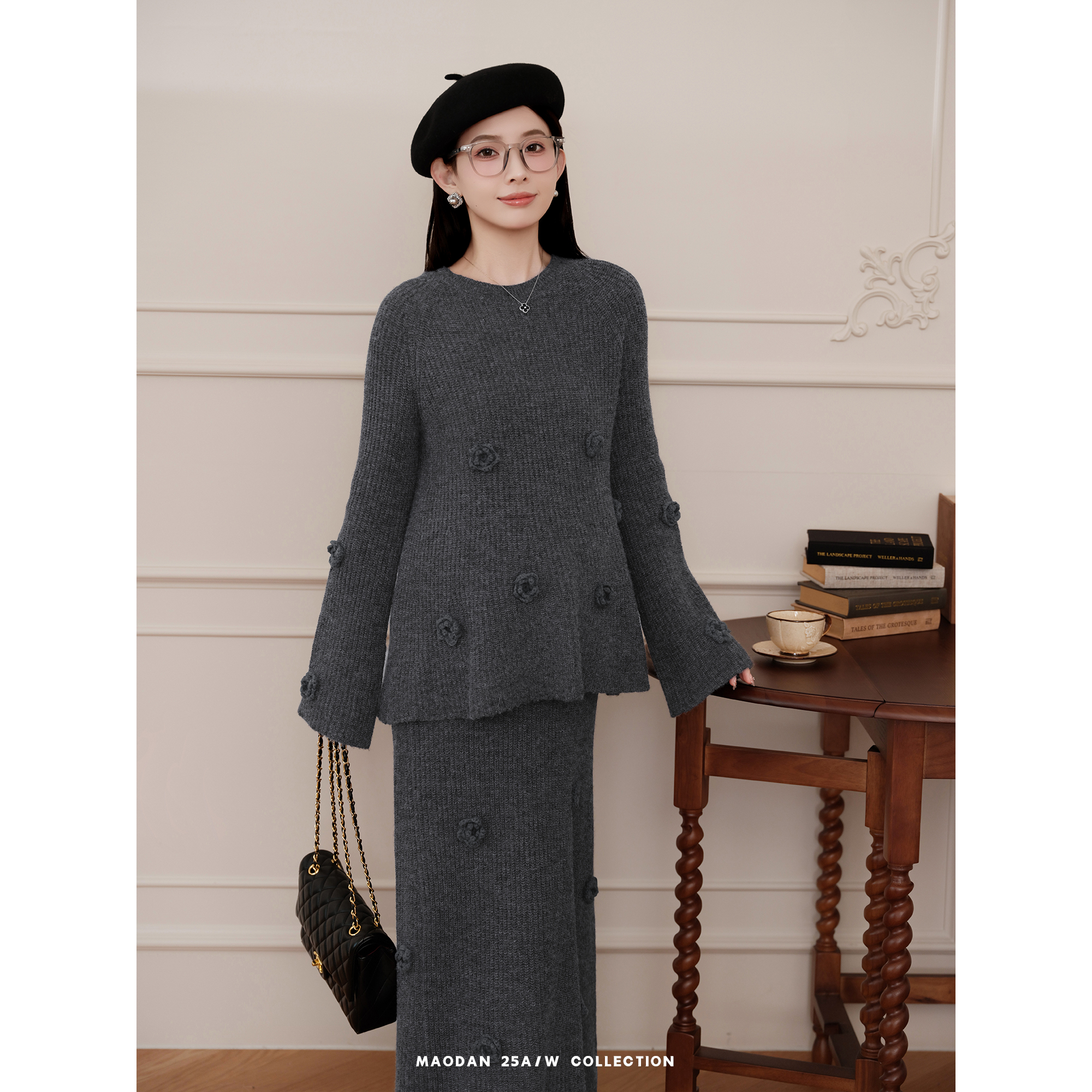 猫单【月音玫瑰】娜娜的孕期穿搭孕妇套装冬季新气质休闲毛衣半裙 - 图3