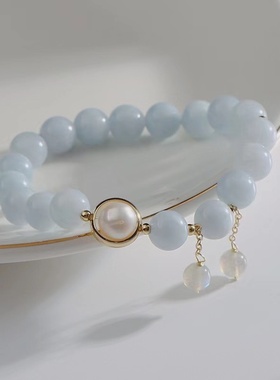 天然淡水珍珠海蓝宝手链