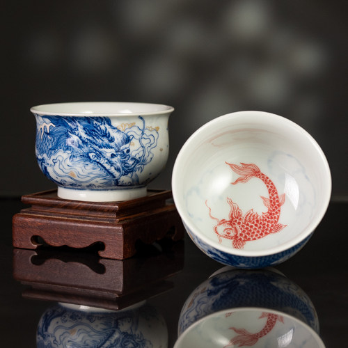 圣山景德镇仿古青花釉里红鱼化龙盖碗套组手工陶瓷茶具盖碗茶杯 - 图0