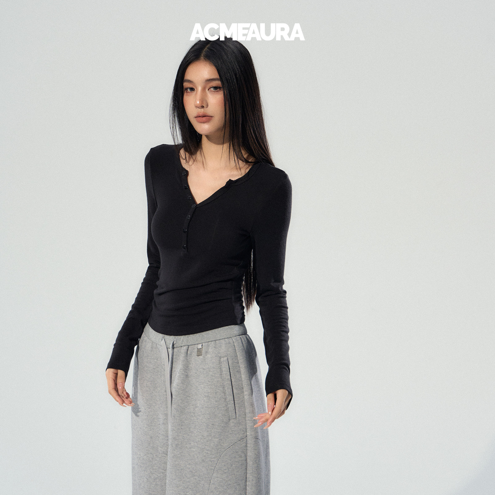 ACMEAURA巨好看的早秋上衣女内搭打底衫美式亨利领修身长袖T恤女 - 图1