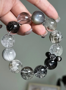 天然水晶发晶灰幽灵灰兔毛灰兔毛闪灵女款水晶手链礼物【永夜】