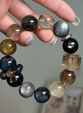 原创天然水晶手串金发晶海蓝宝灰兔毛金运石女款水晶手链【星梦】