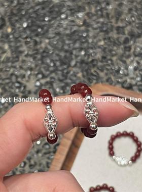 925银戒指 【红色弹力珠珠戒指 】复古百搭红色气质小众精致戒指