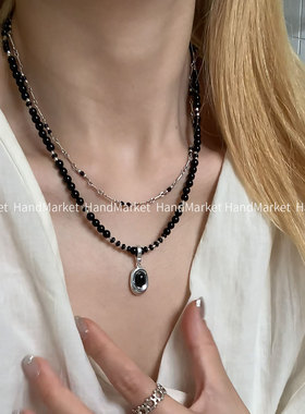 吊坠925银【可拆卸黑色豌豆】气质百搭时尚个性帅气黑色玛瑙项链