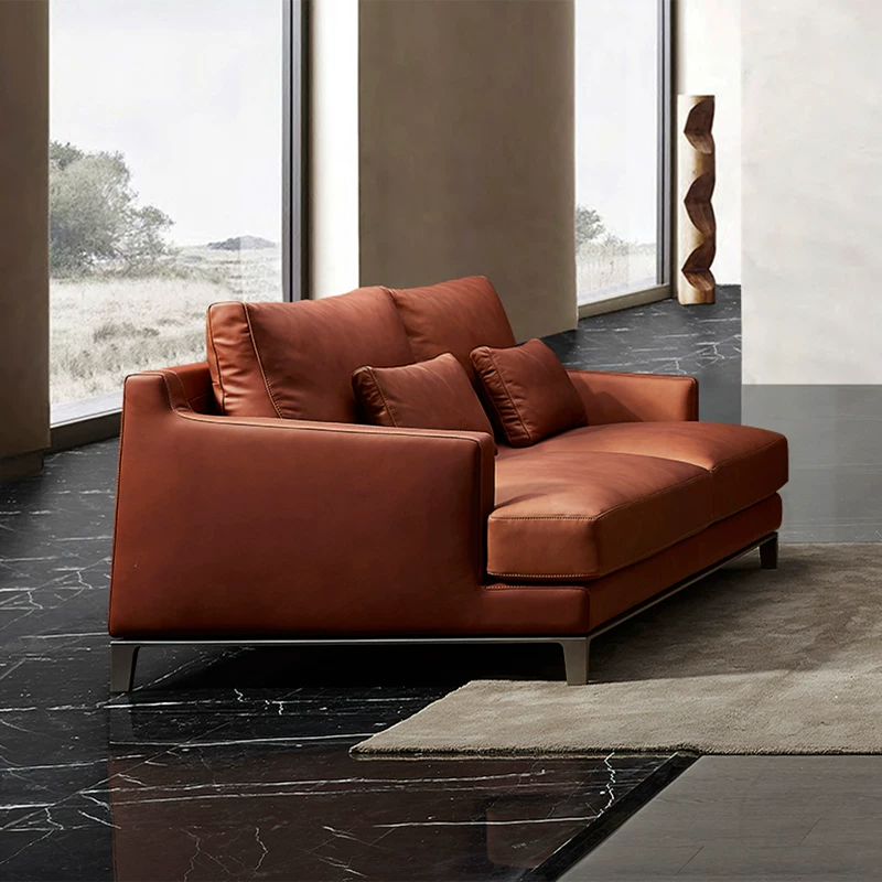 Elite minimalistic matte leather sofa with down stainless steel, cowhide