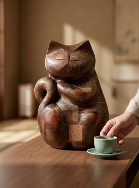 中古风复古仿木猫咪创意摆件