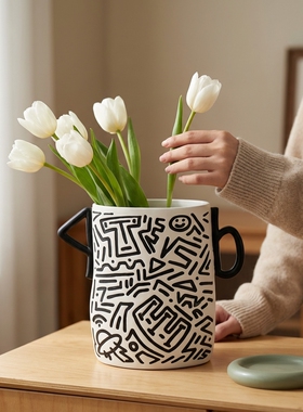 几何图案陶瓷花瓶设计感客厅摆件