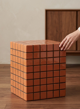 现代简约橙色棋盘格鼓凳换鞋凳