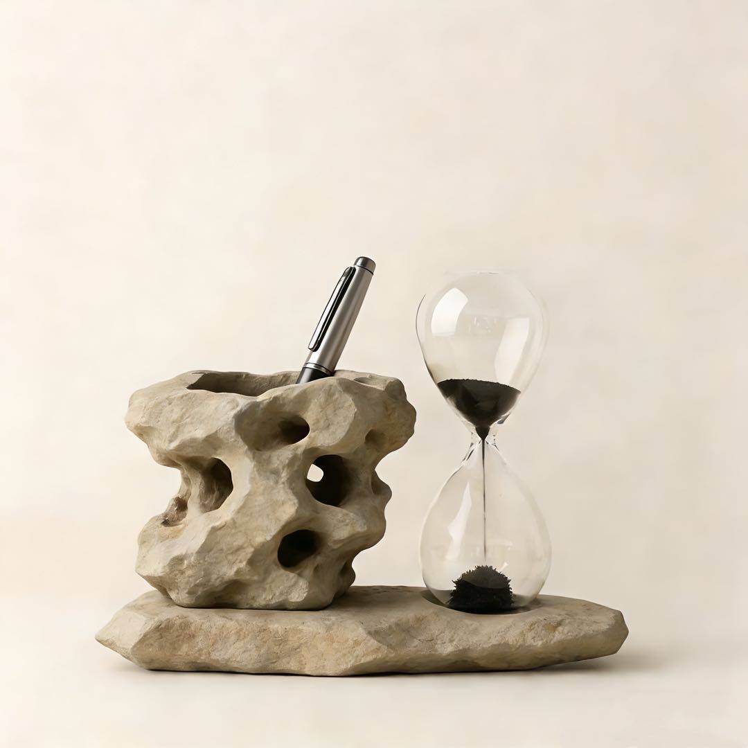 创意石材沙漏笔筒桌面摆件洞石造型收纳盒潮玩包挂小众装饰,淘宝优惠券,粉丝福利购,淘宝优惠卷