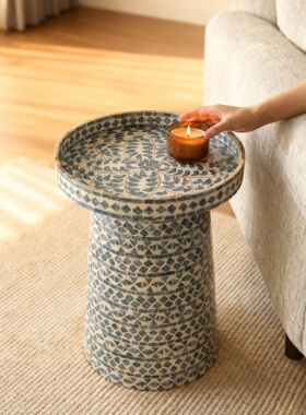 蓝色几何陶瓷圆形边桌客厅摆件