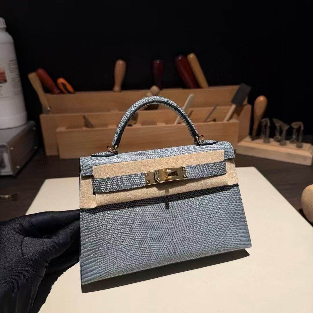 亚麻蓝进口蜥蜴皮女包迷你mini凯莉二代女士单肩斜挎小包包手工缝,淘宝优惠券,粉丝福利购,淘宝优惠卷