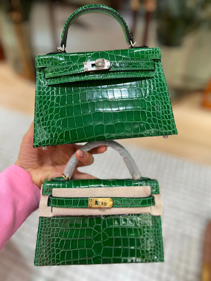 竹子绿进口高光美洲鳄鱼皮KL凯莉二代mini小方包女士手提斜挎手缝,淘宝优惠券,粉丝福利购,淘宝优惠卷