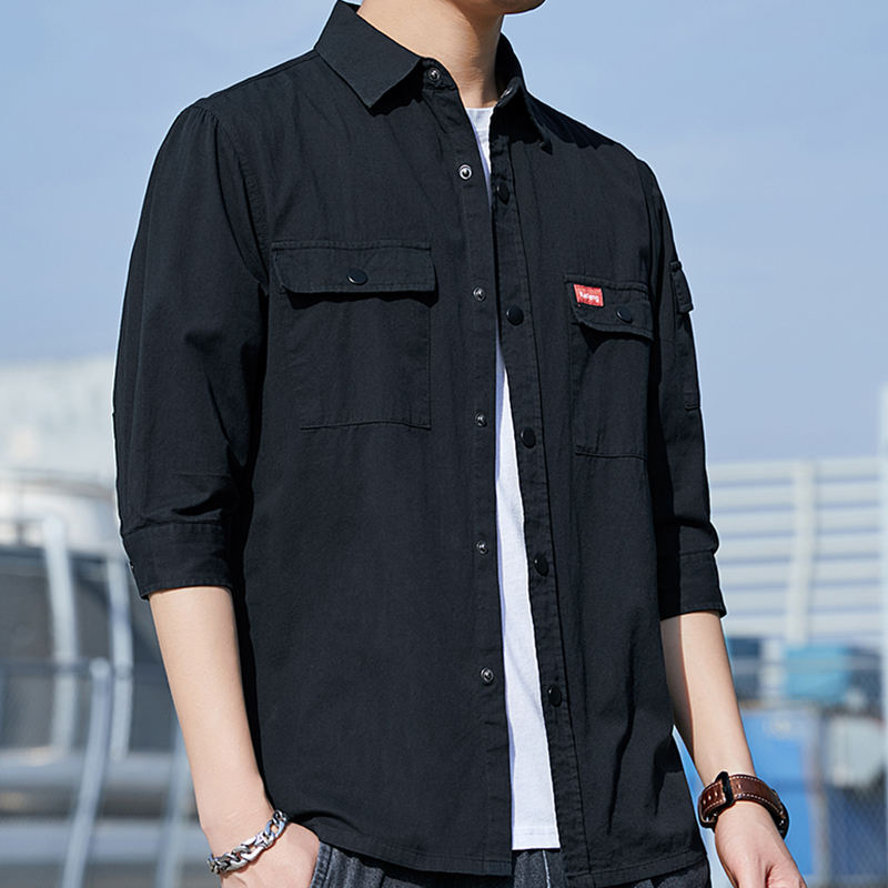纯棉衬衫男七分袖长袖短袖全棉工装纯色宽松五分衬衣上班工作服潮 - 图1
