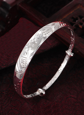 双鱼戏水足银手镯999纯银镯子