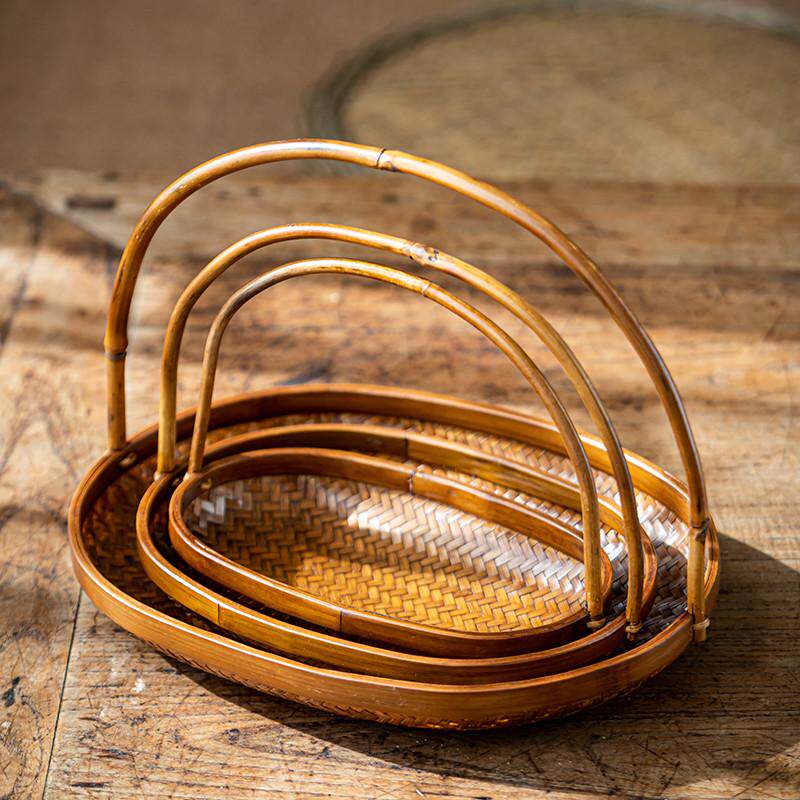 竹编小提篮果盘零食盘茶点盘小古风竹篮子点心手提篮圆形托盘摆件,淘宝优惠券,粉丝福利购,淘宝优惠卷