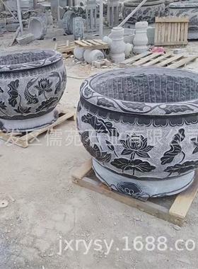 青石水缸圆形鱼缸仿古圆缸中式庭院养鱼水缸石缸石雕荷花鱼缸