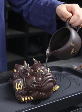 大号招财金蟾紫砂茶宠摆件 可养三足蟾蜍茶盘茶玩 家居牛蟾装饰品