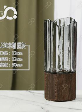 新中式玻璃花瓶轻奢客厅摆件插花带底座竖条木墩创意新款百合玫瑰