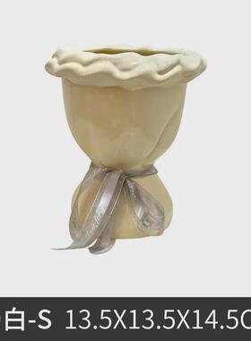 奶油色陶瓷花瓶创意花束插花器家居客厅装饰摆件ins高颜值花瓶