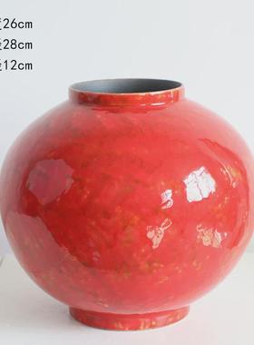 红色圆陶瓷花瓶现代民宿客厅插花摆件样板间新中式玄关高级感装饰