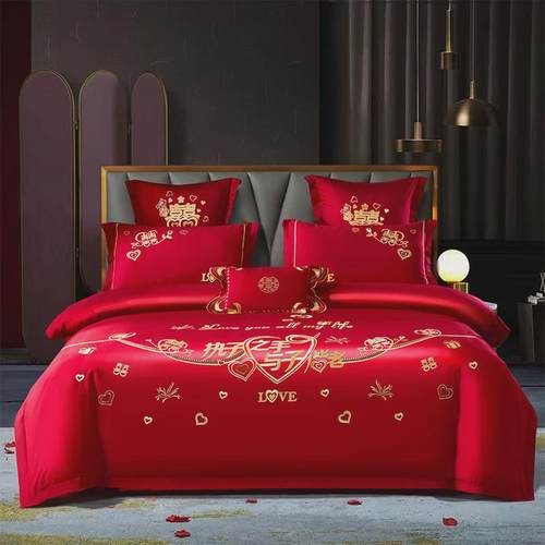 结婚四件套婚庆婚房喜被大红色龙凤刺绣被套被单婚礼床单床上用品 - 图0