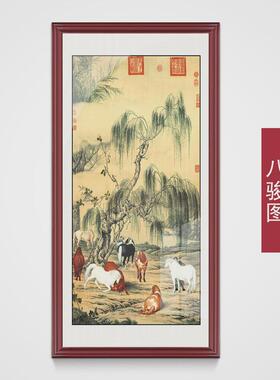 正对大门墙松鹤延年入户玄关装饰荷花传世中式竖版八骏图挂画名画