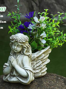 欧式户外花园天使花盆庭院装饰树脂工艺品花缸雕像创意摆件制做