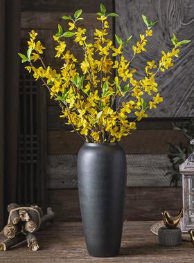 凯威纳银粗陶复古黑色陶罐花瓶摆件黑陶客厅陶瓷柳落地大号冬青干
