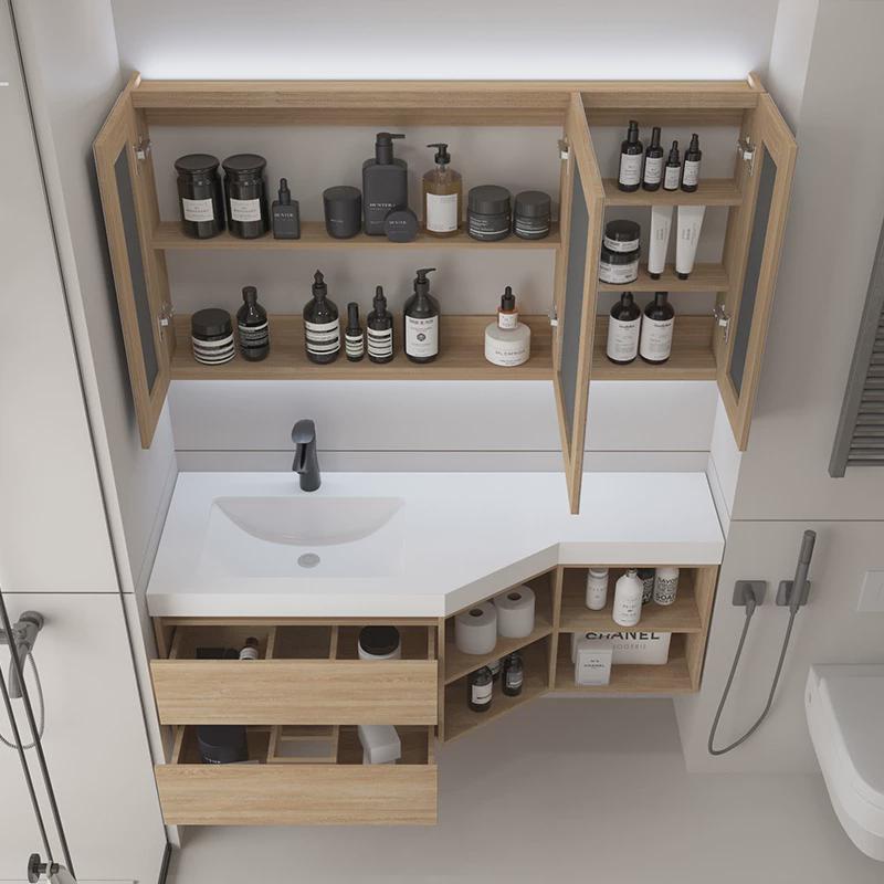 原木色岩板陶瓷盆浴室柜组合斜切角窄异形卫生间洗脸洗手池洗漱台 - 图3