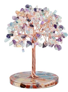 彩色圆形片玛瑙树脂底座水晶树摆件水晶碎石叶子树创意工艺品摆设