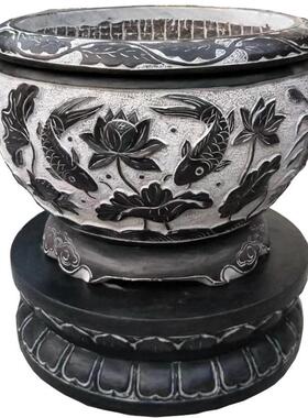 石头圆花盆庭院荷花缸仿古石水缸天然青石石雕鱼缸槽养鱼池摆件