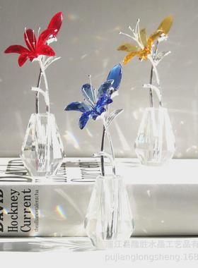 简约现代轻奢风格彩色百合花带花瓶客厅软装桌面小摆件水晶工艺品