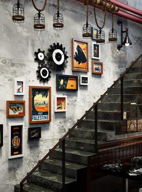 高分子0302复古工业风楼梯发光装饰画LED灯带商用组合相框照片墙