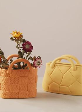 北欧ins莫兰迪创意陶瓷手提包花瓶简约水培花器清新少女风摆件