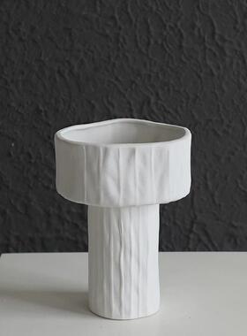 北欧白色陶瓷高脚花盆艺术器插花现代客厅家居装饰品直筒花瓶摆件